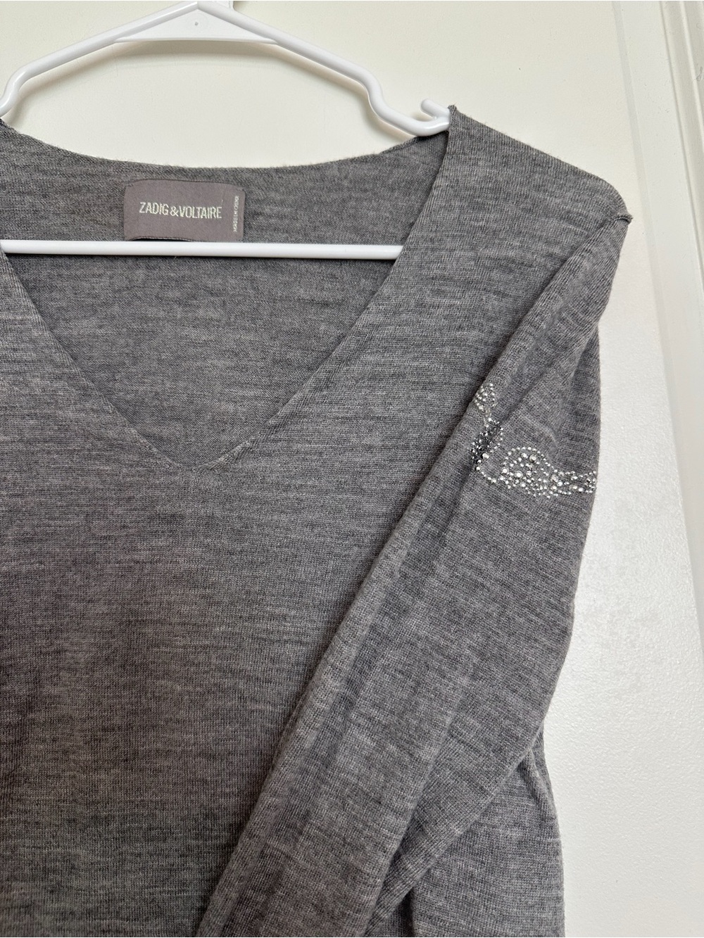 Zadig & Voltaire Gray V-Neck Sweater with Rhinestone Sleeve Detail